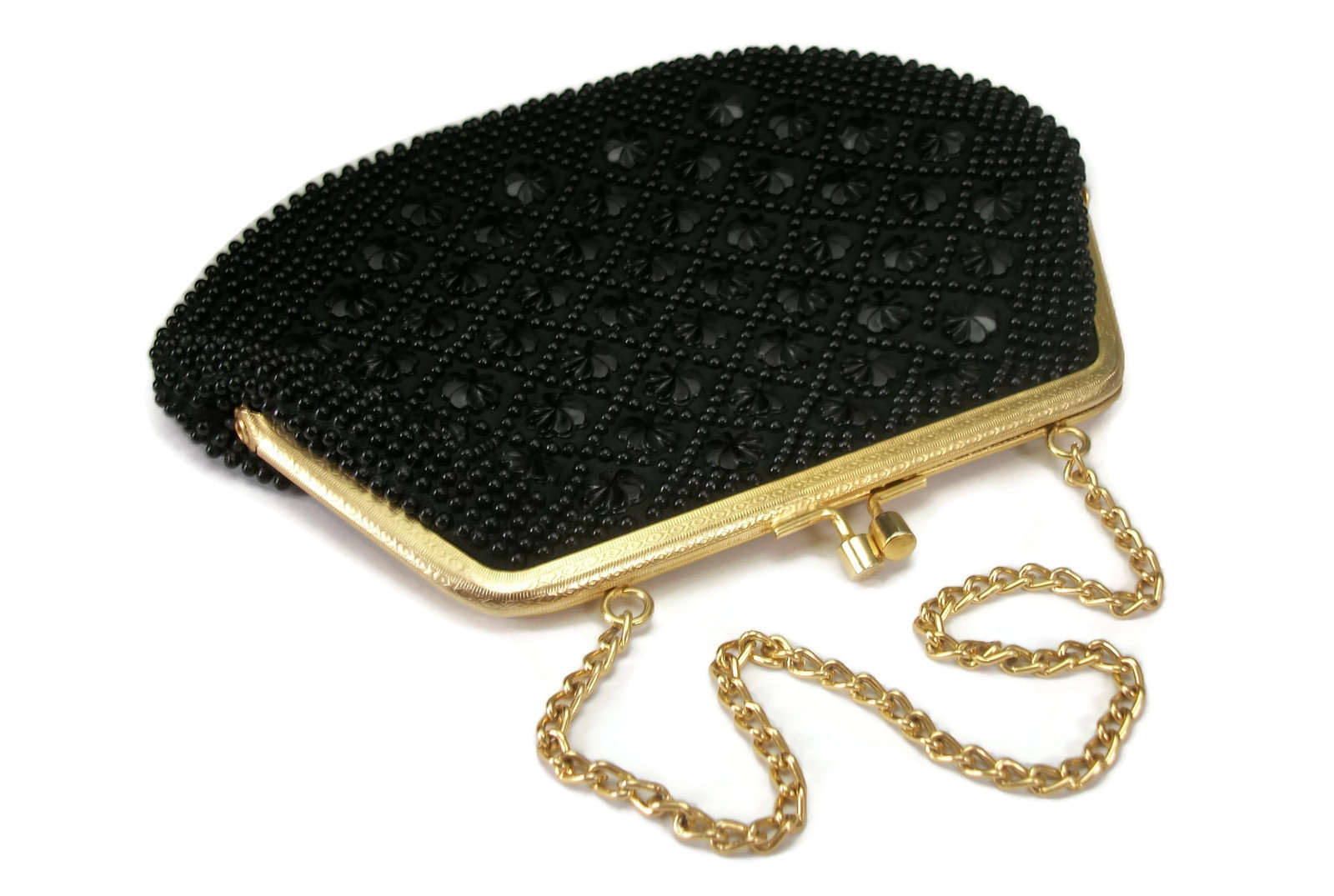 Vintage Black Beaded Evening Purse Clutch Gold Chain Link Safety Strap  Satin Lining Hand Made in Hong Kong Handbag Florette Flower Beads