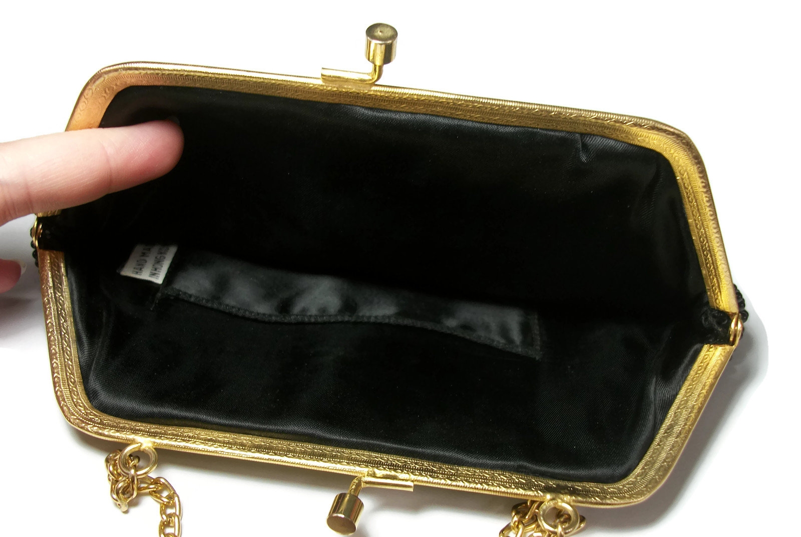 Vintage Black Beaded Evening Bag Clutch Purse With Chain strap: Hand-made