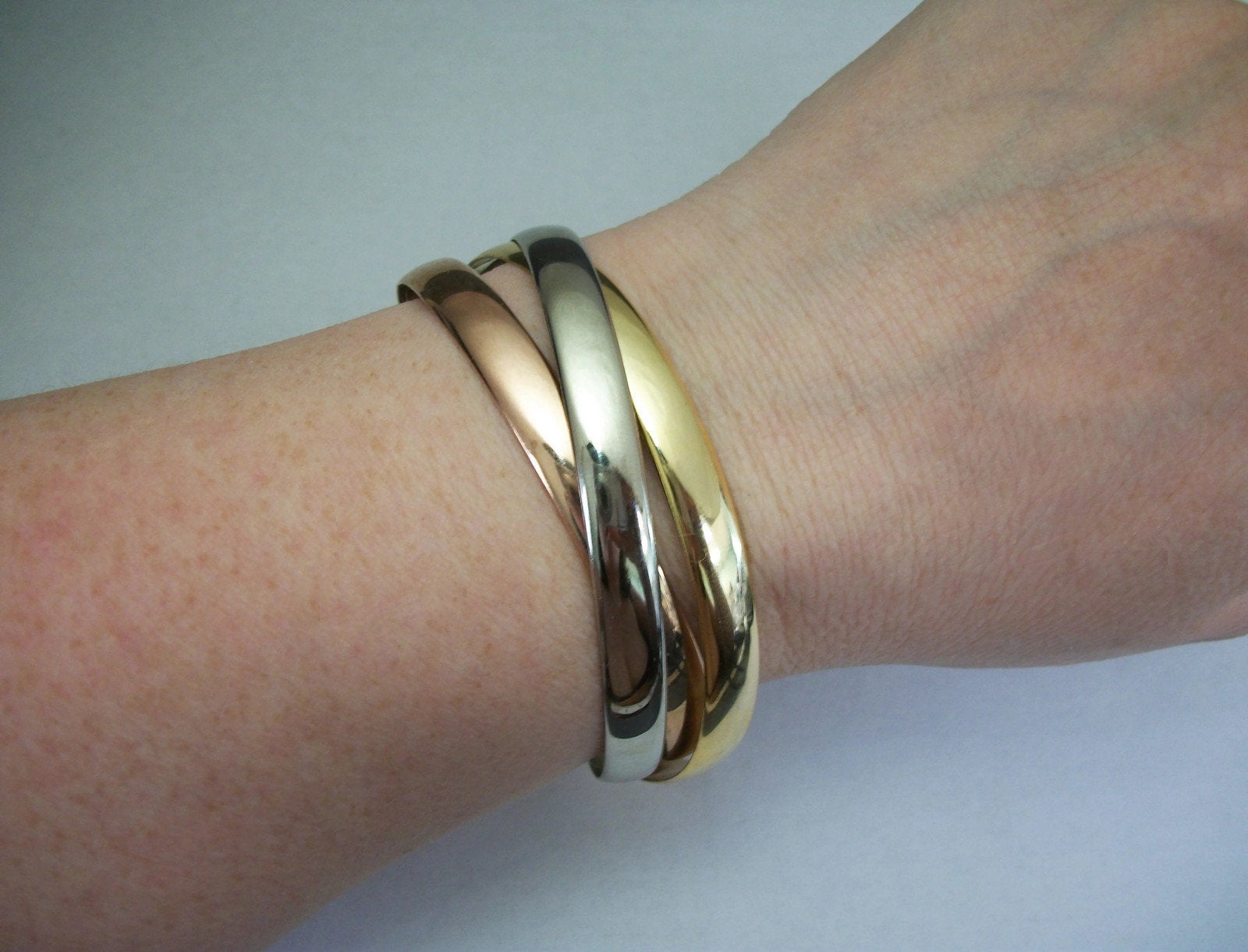 Vintage Copper Silver and Gold Tone Interconnected Bangles Tri Color