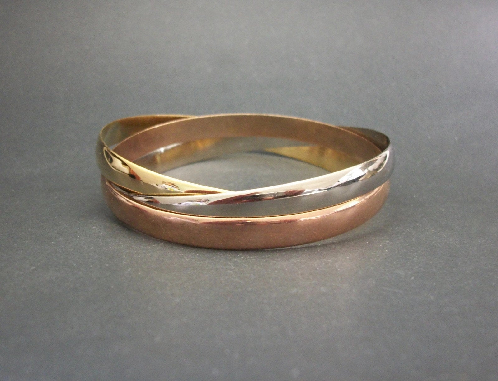 Vintage Copper Silver and Gold Tone Interconnected Bangles Tri Color