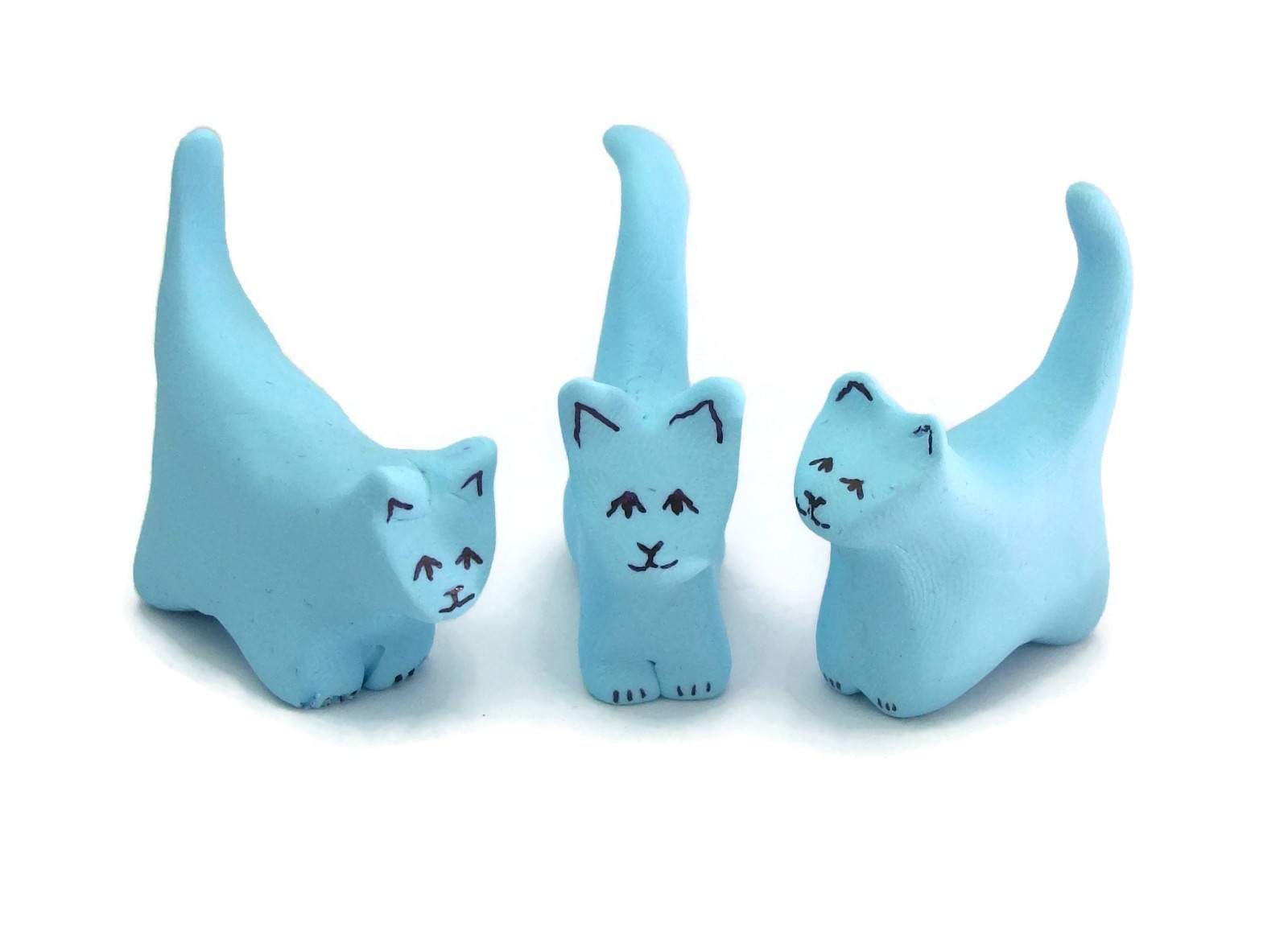 Set of Three 3 Miniature Cat Figurines Polymer Clay Sculpture Light Blue  Kitten Kitty Cats