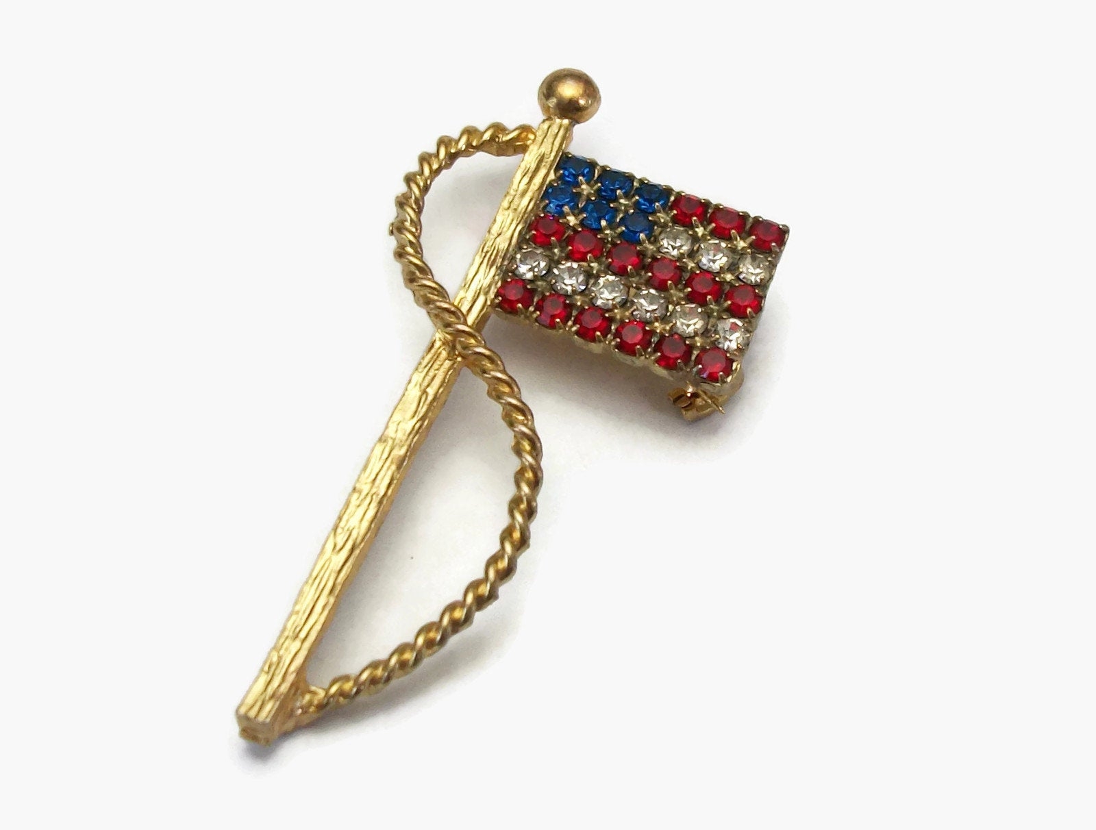 Vintage Rhinestone American Flag Brooch Patriotic Lapel Pin Gold Red