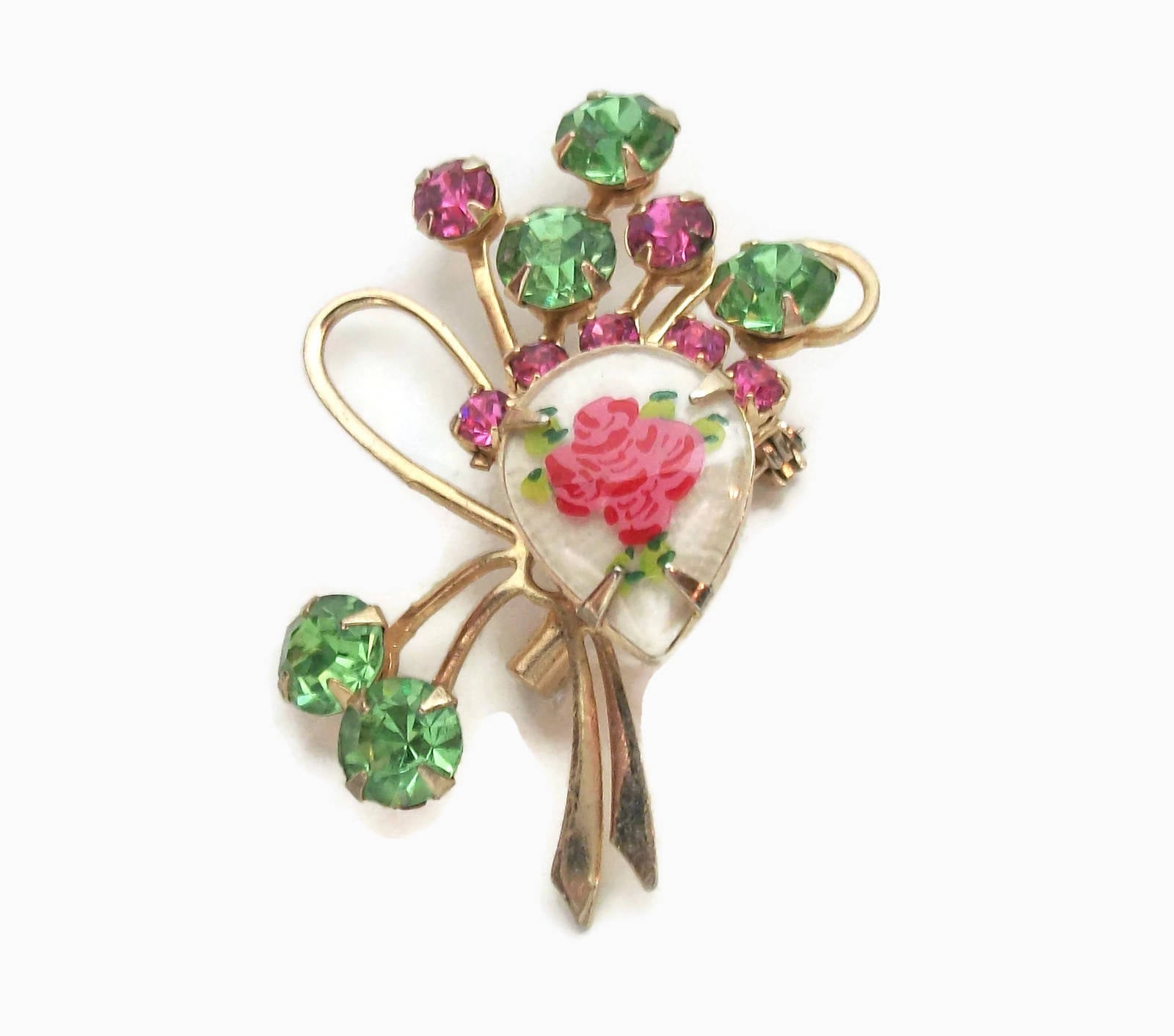 Vintage Pink and Green Rhinestone Floral Spray Brooch Prong Set Riveted