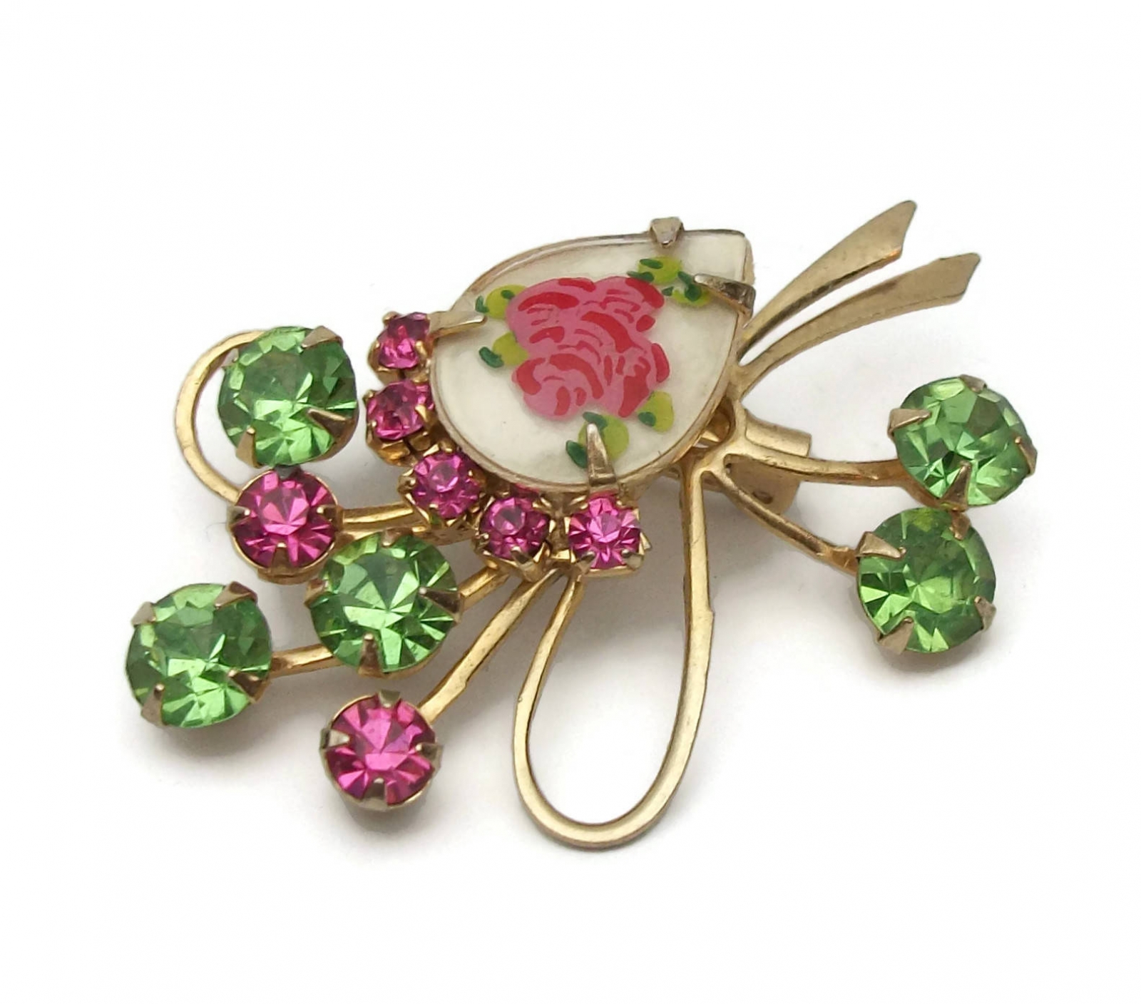 Vintage Pink and Green Rhinestone Floral Spray Brooch Prong Set Riveted