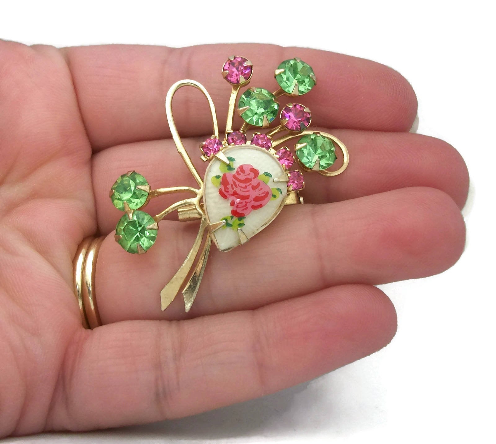 Vintage Pink and Green Rhinestone Floral Spray Brooch Prong Set Riveted