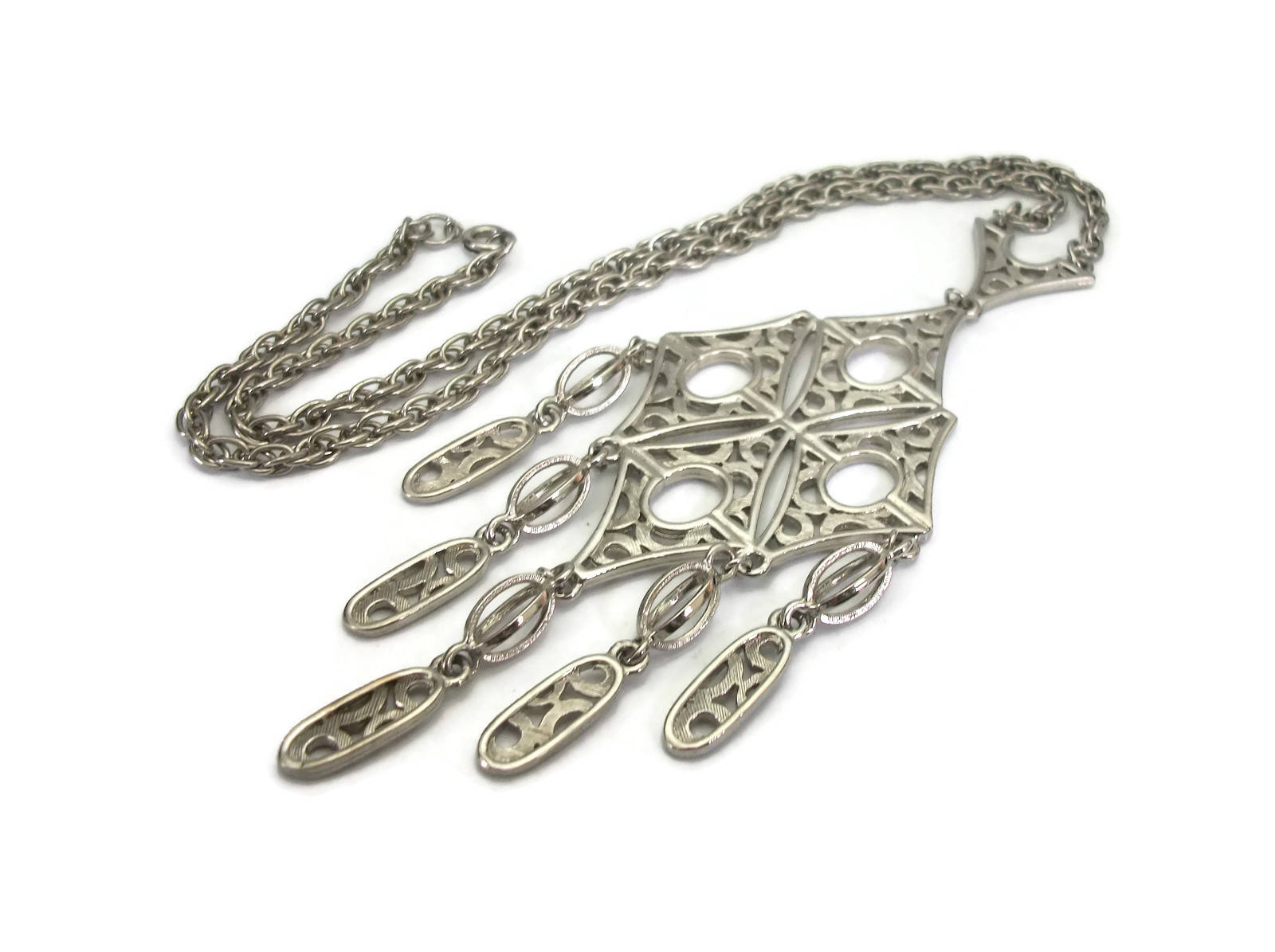 Vintage Large Silver Medallion Pendant Statement Necklace Boho Jewelry