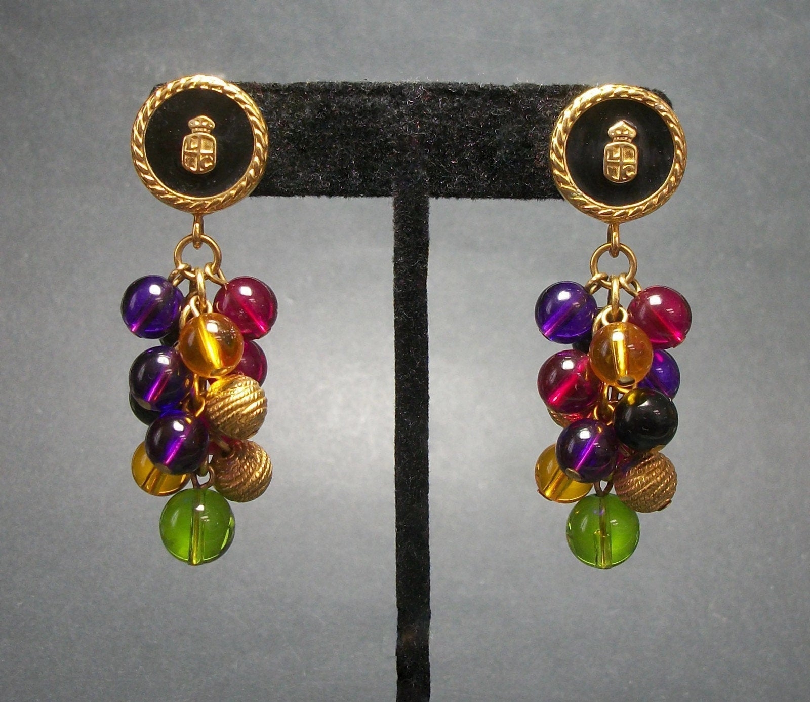 Vintage Liz Claiborne Crest Shield Drop Earrings with Colorful
