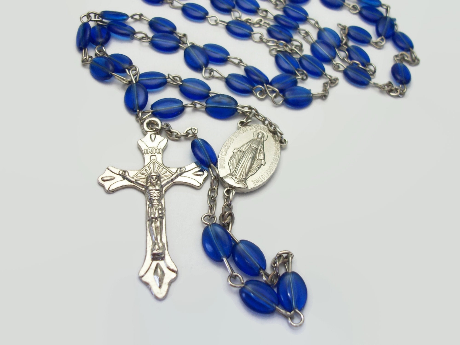 Vintage Plastic Blue Catholic Rosary Beads with Crucifix Cross and
