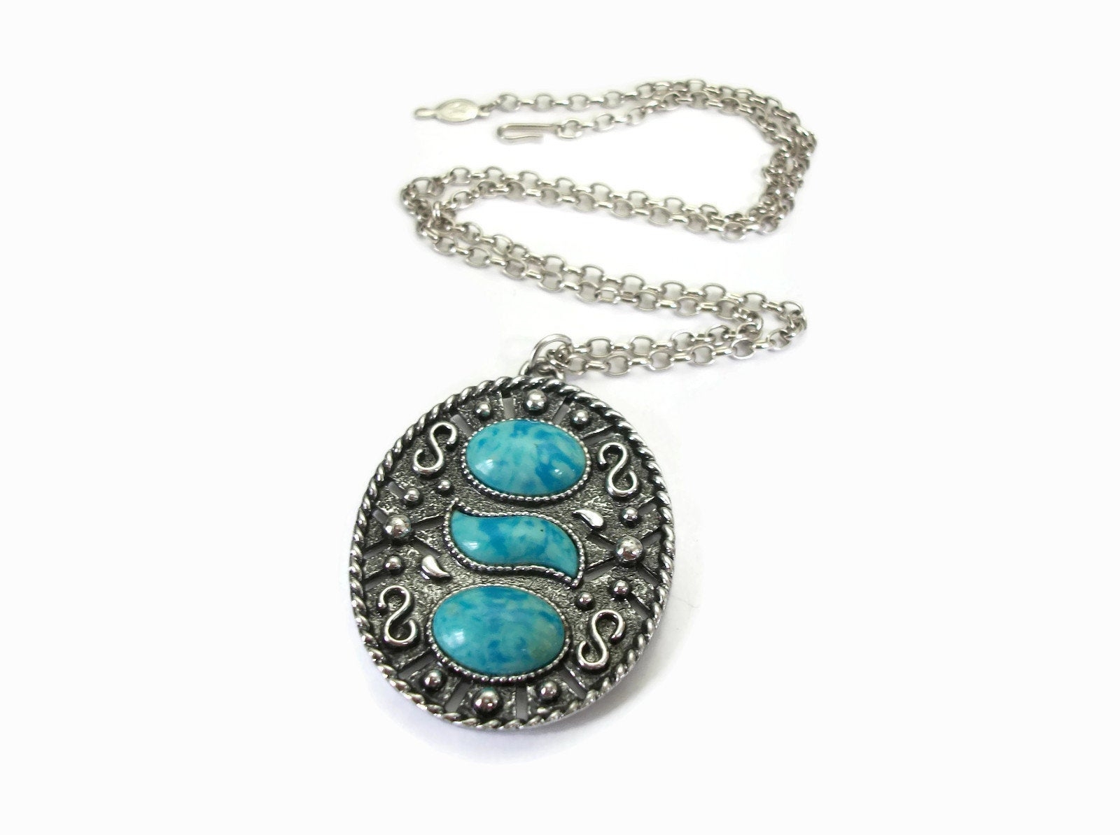 Vintage Large Sarah Coventry Silver Tone Faux Turquoise Cabochon