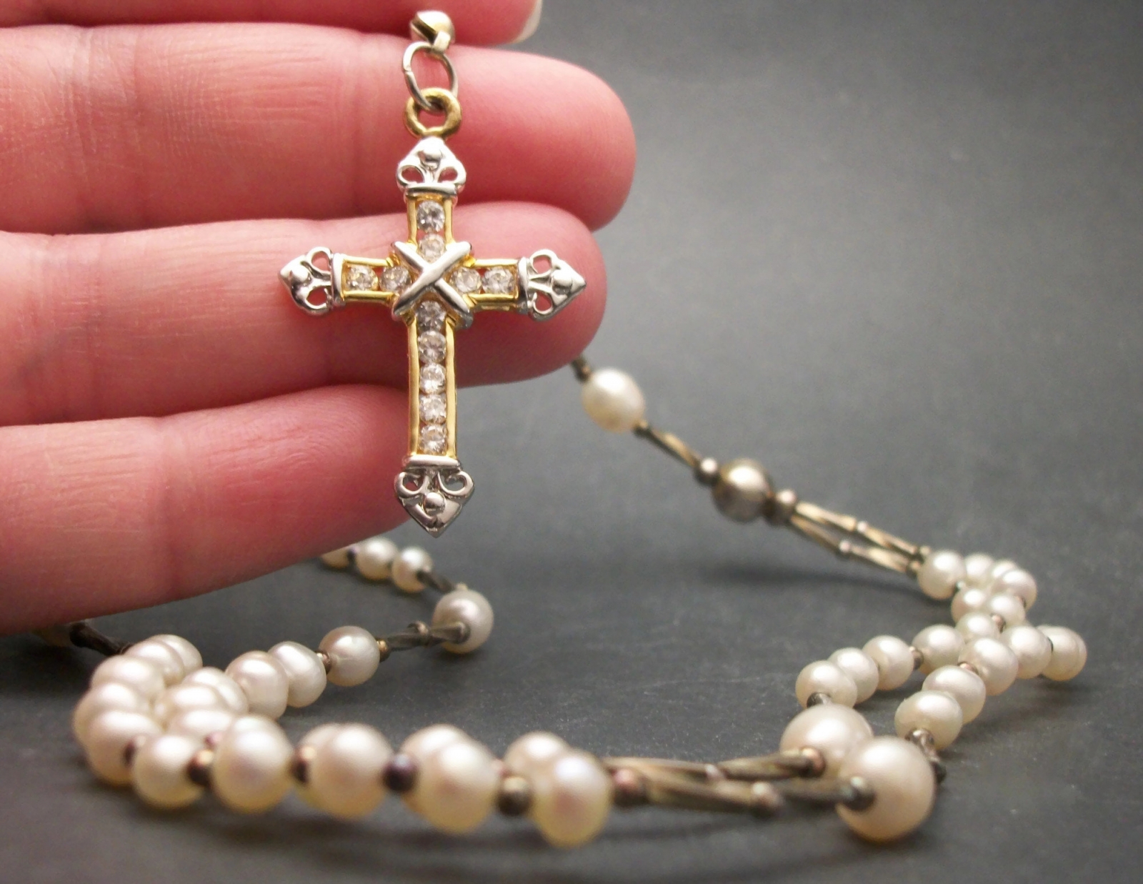 Vintage Freshwater Pearls Rosary Beads with Silver and Gold Cross with