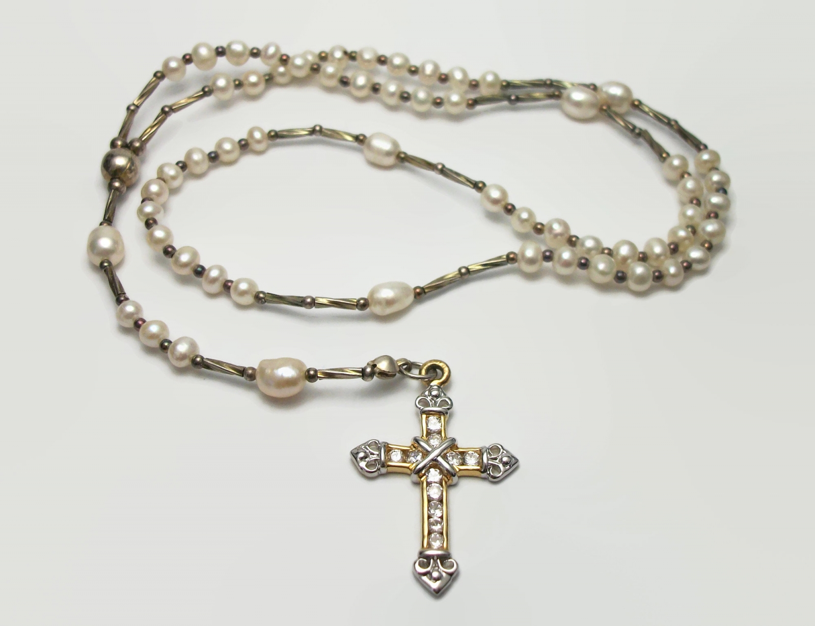 Vintage Freshwater Pearls Rosary Beads with Silver and Gold Cross with