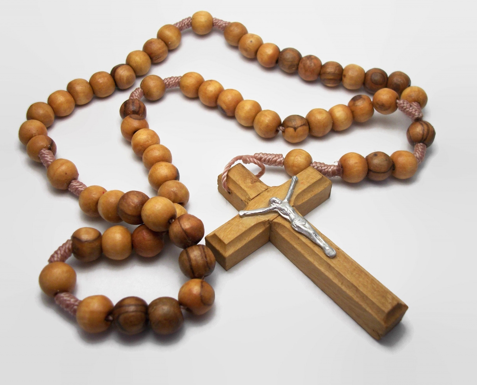 Vintage Jerusalem Olive Wood Rosary Beads Wooden Crucifix with Silver