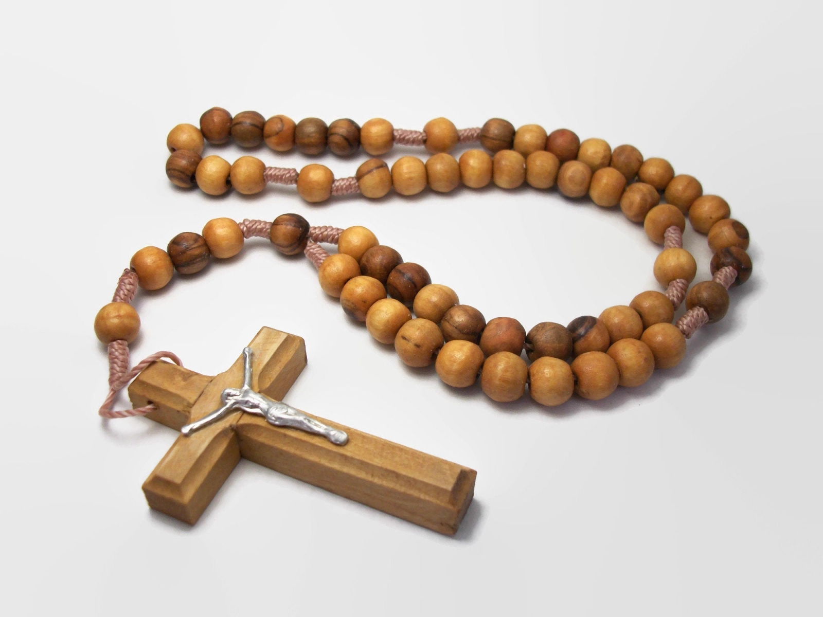 Vintage Jerusalem Olive Wood Rosary Beads Wooden Crucifix with Silver
