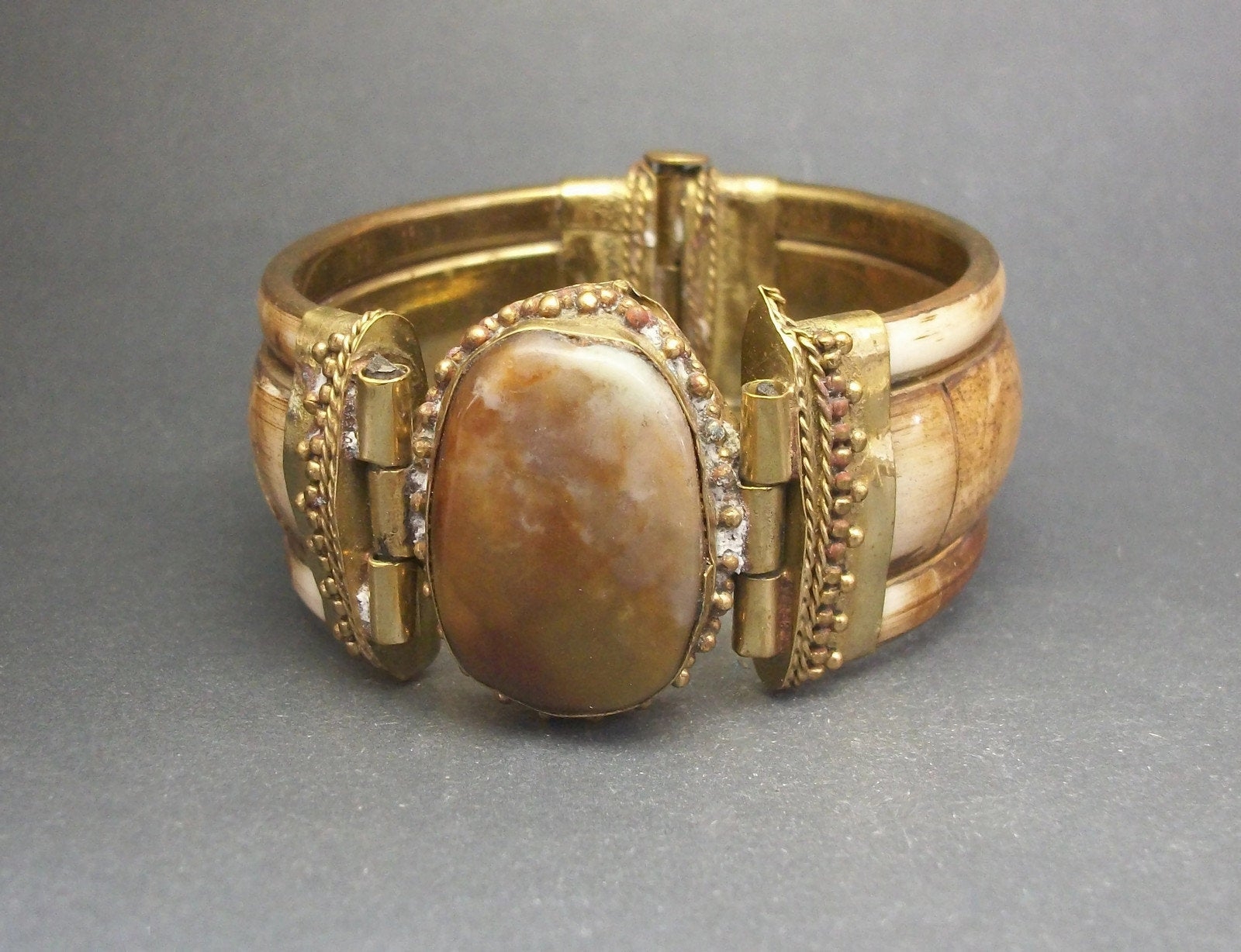Vintage Chunky Brass and Bovine Bone Inlay Hinged Bangle Bracelet