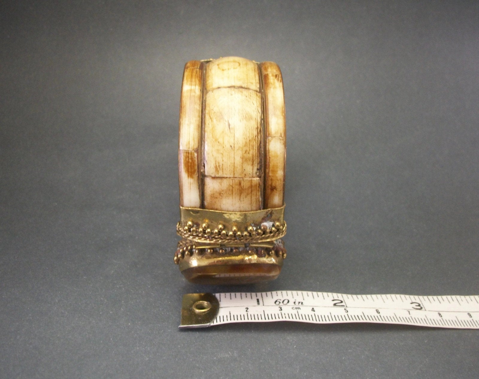 Vintage Chunky Brass and Bovine Bone Inlay Hinged Bangle Bracelet Brown Stone Tribal Jewelry