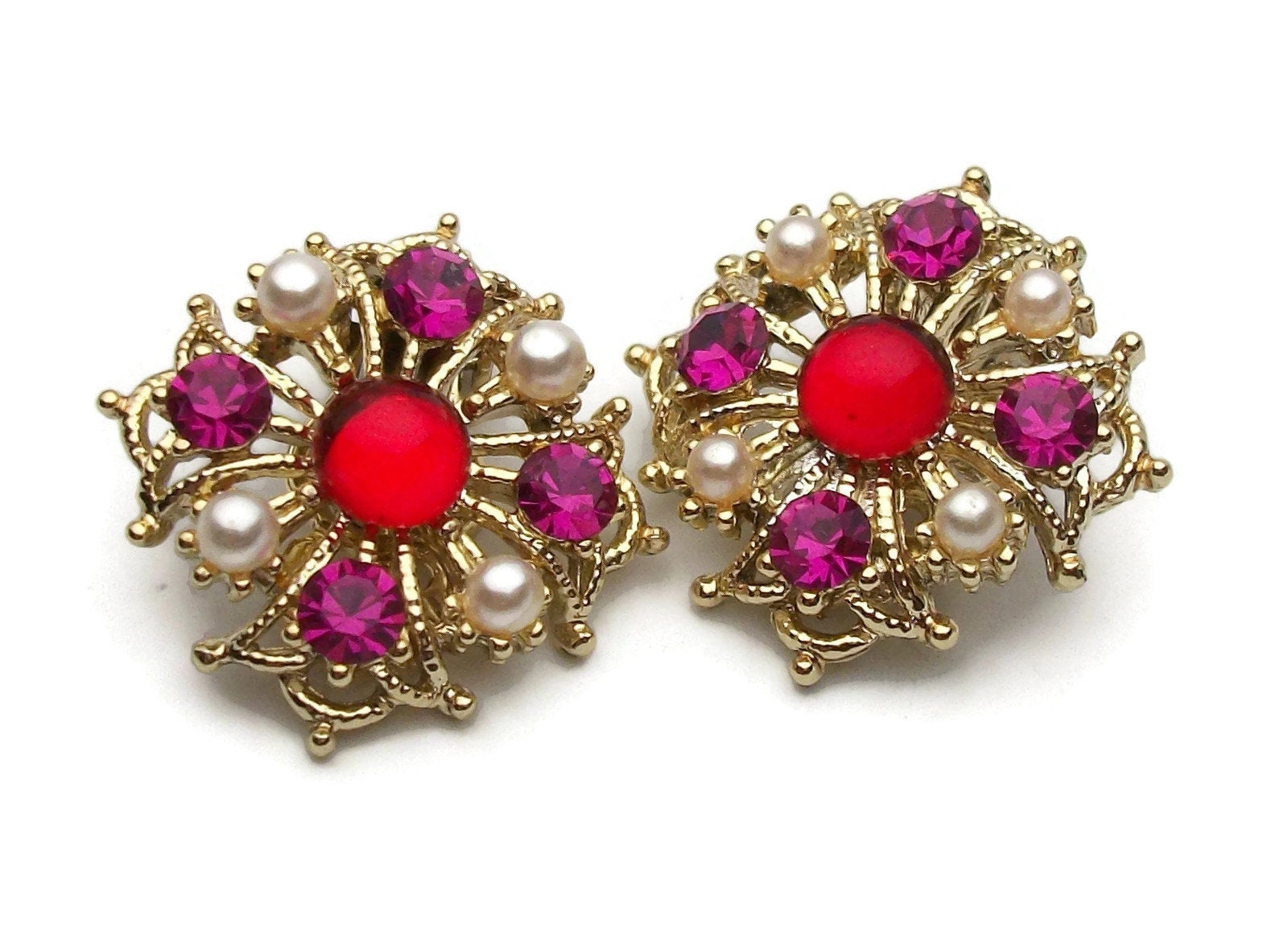 Vintage Purple Crystals Red Glass Cabochons Faux Pearls Gold Tone