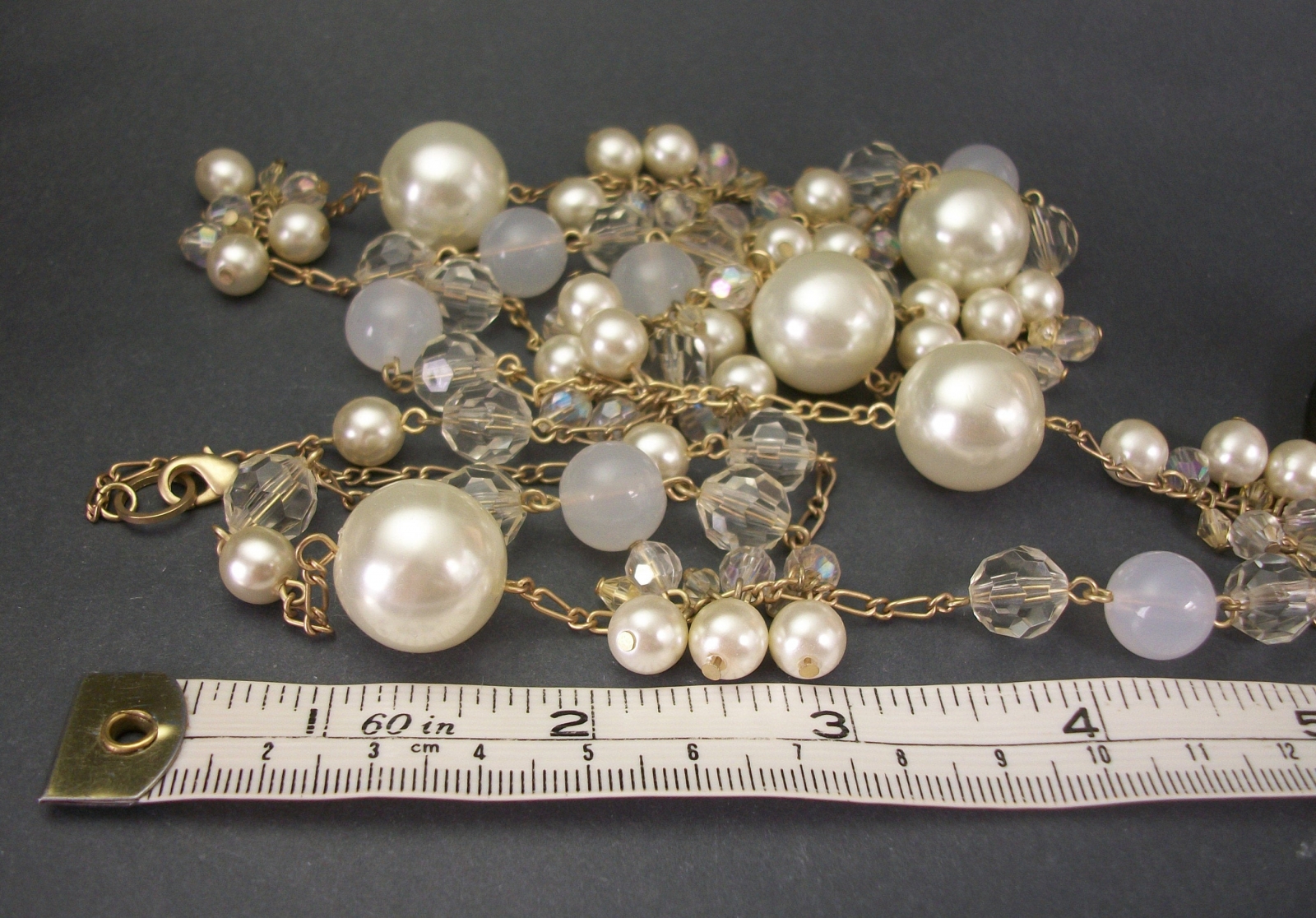 Vintage Faux Pearl Beaded Necklace Gold Tone Chain Link Clear Faceted