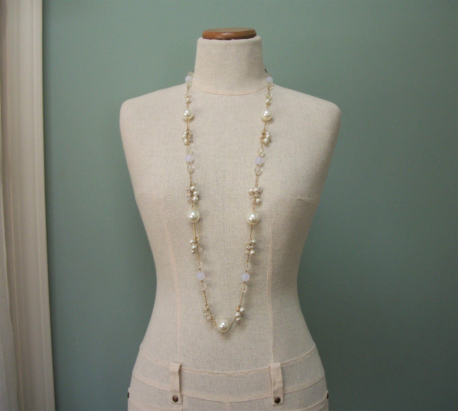 Vintage Faux Pearl Beaded Necklace Gold Tone Chain Link Clear Faceted