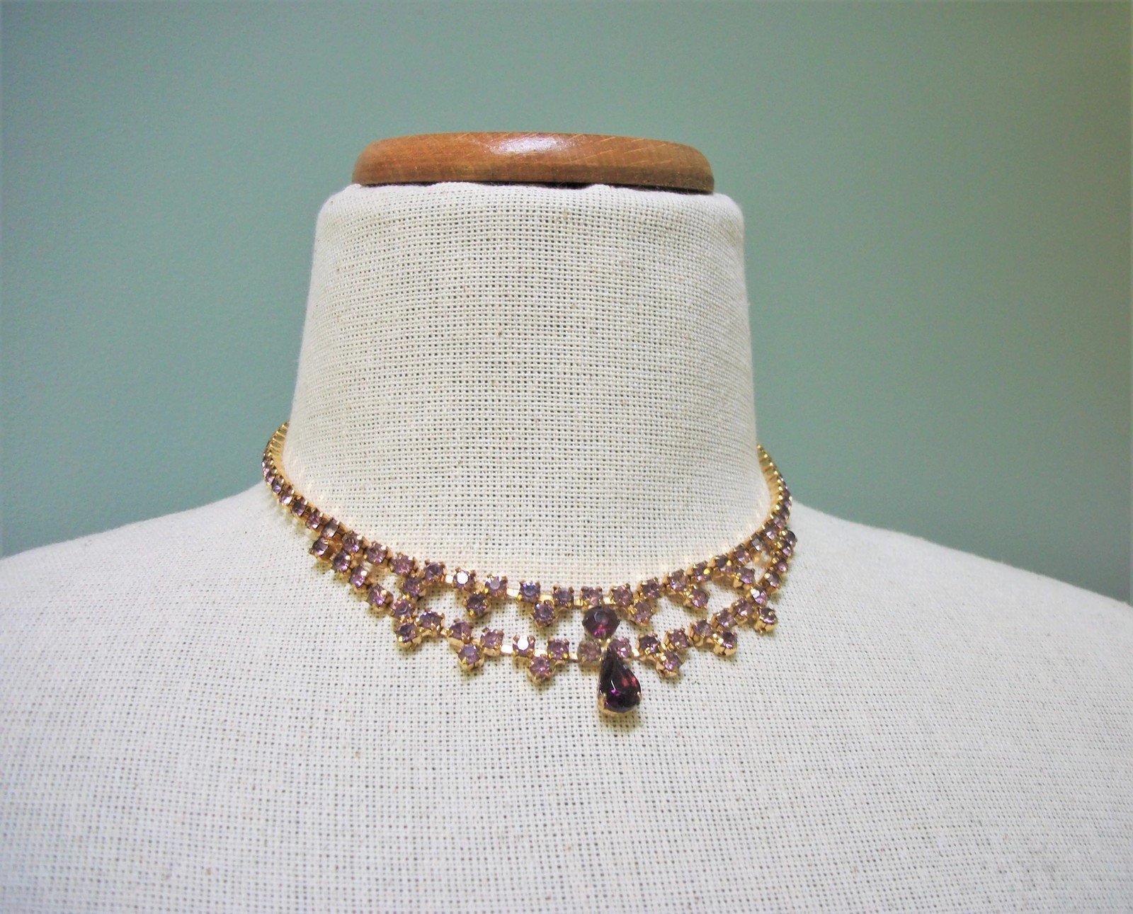 Vintage Purple Rhinestone Gold Choker Necklace Prong Set Stones Faux Amethyst Purple Wedding Formal Necklace Up To 15 3 4 Felt In My Heart Vintage