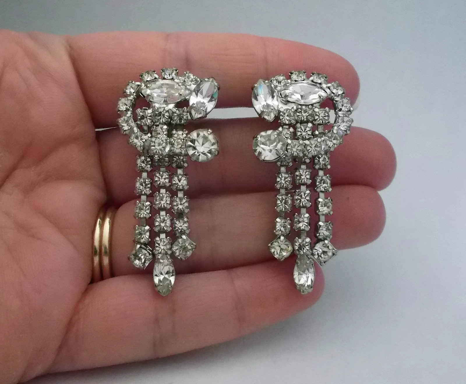 Vintage Long Clear Crystal Screw Back Clip on Earrings Waterfall Design