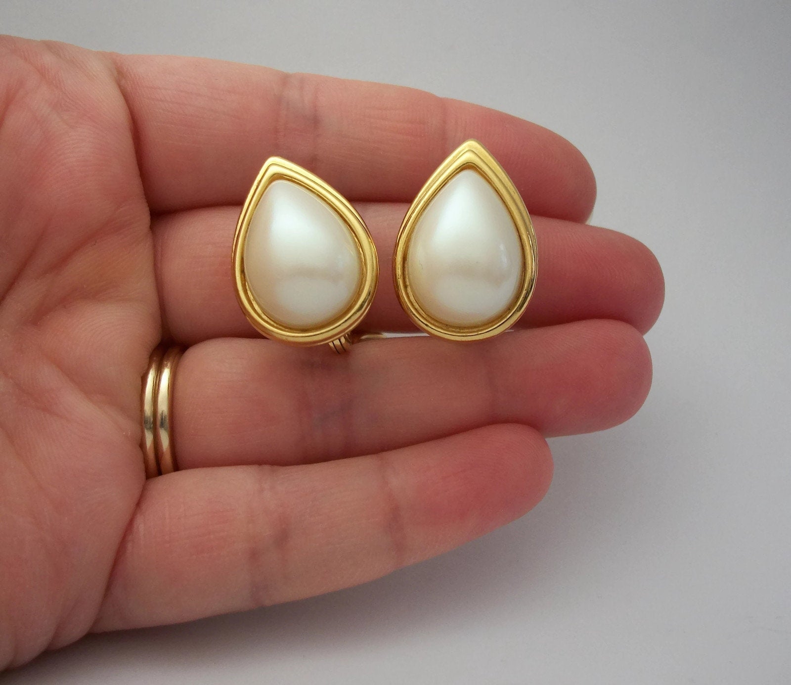 Vintage Monet Pearl Teardrop Clip on Earrings Gold with Faux Pearl