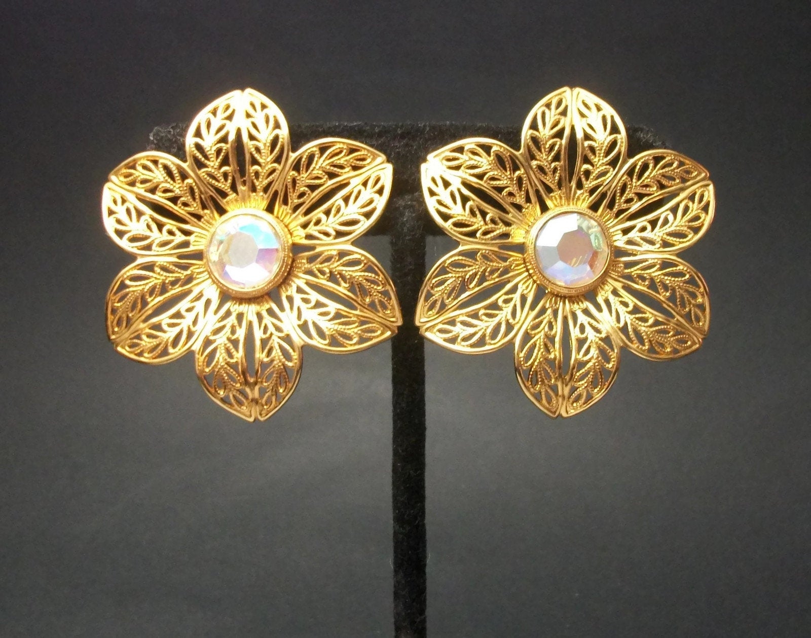 Vintage Huge Gold Filigree Flower Clip on Earrings with AB Crystal