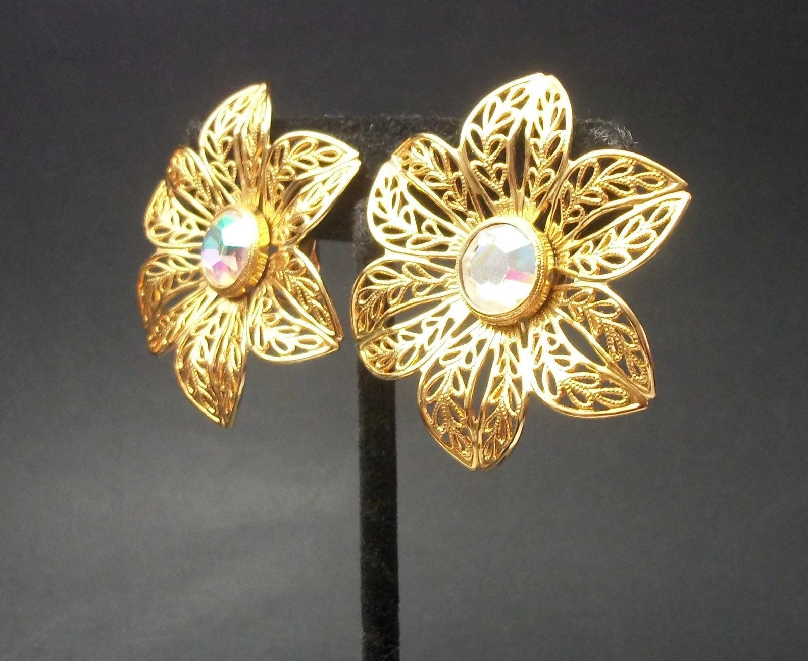 Vintage Huge Gold Filigree Flower Clip on Earrings with AB Crystal