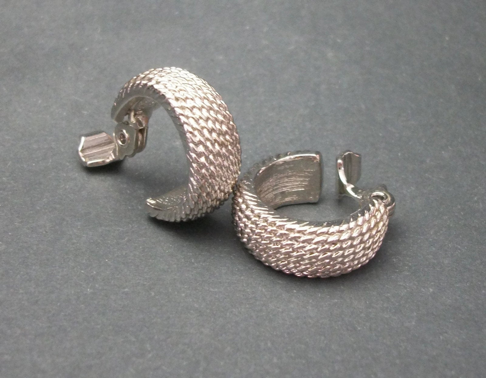 Vintage Monet Textured Silver Hoop Clip on Earrings Signed