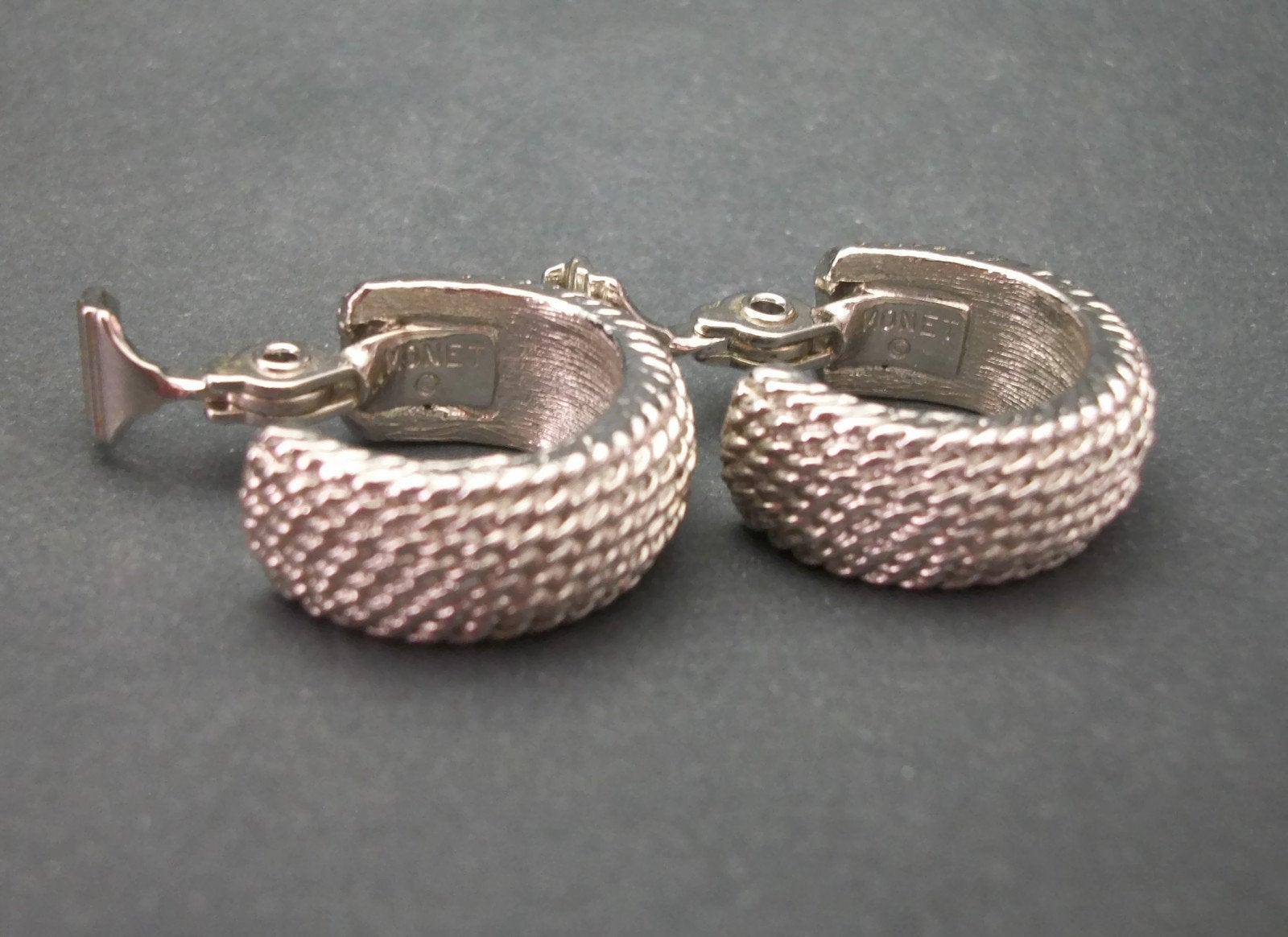 Vintage Textured Silver Hoop Clip on Earrings Signed