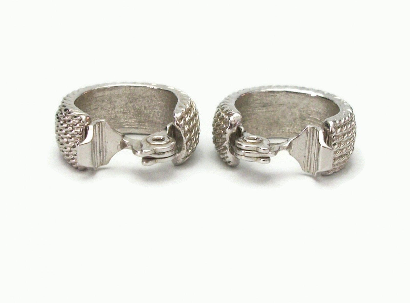 Vintage Monet Textured Silver Hoop Clip on Earrings Signed Monet
