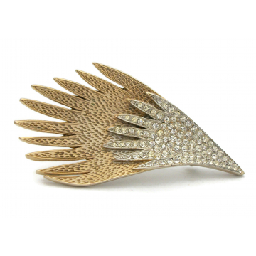 Vintage Pave Rhinestone Wing Brooch Lapel Pin Antiqued Gold Angel Wing Bird Wing Pin