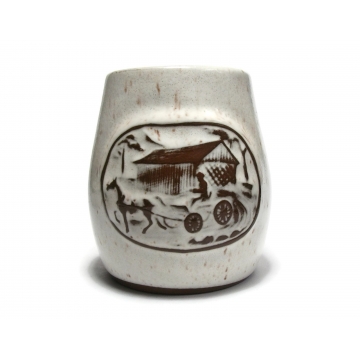 Vintage Onion River Pottery Company White and Brown Horse and Buggy Covered Bridge Ceramic Bud Vase Vessel Holder Relief Image Speckled