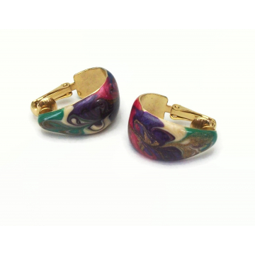 Vintage Purple Enamel Swirl Hoop Clip on Earrings Colorful Purple Green Hot Pink Blue Cream Gold Swirled Design