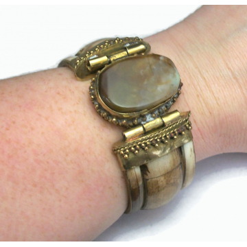 Vintage Chunky Brass and Bovine Bone Inlay Hinged Bangle Bracelet Brown Stone Tribal Jewelry Wide Bracelet 2 3/8" Diameter Unisex Men Women