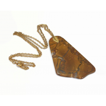 Vintage Stone Slice Pendant Necklace with Decorative Leaf Bail Bale and 24 inch Gold Chain Asymmetrical Boho Jewelry