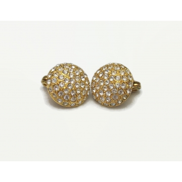Vintage Monet Gold Pave Rhinestone Clip on Earrings Round 3/4" Button Clear Rhinestone Gold Clip Ons Wedding Bride Bridal Jewelry