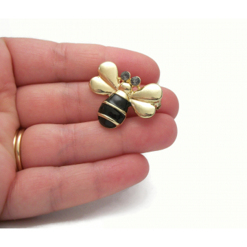 Vintage Gold and Black Enamel Bee Brooch Small Bumblebee Lapel Pin with Smokey Smoky Rhinestone Eyes