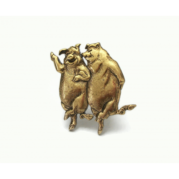 Vintage Museum of Fine Arts MFA C&C Pig Brooch Gold Dancing Standing Pigs Lapel Pin Whimsical Funny Cute Animal Jewelry