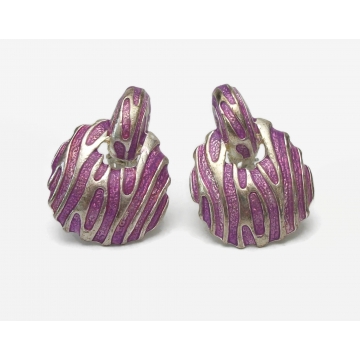 Vintage Purple and Silver Tone Animal Stripe Doorknocker Clip on Earrings Purple Enamel Tiger or Zebra Stripe
