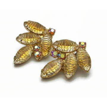 Vintage Crystal Leaf Clip on Earrings Two Tone Golden Yellow & Clear Crystal Marquise Navette with AB Rhinestones Mid Century Jewelry