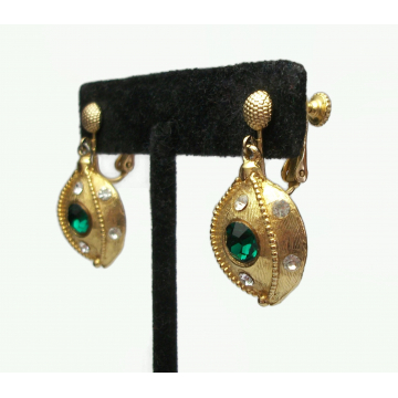 Vintage Brushed Gold and Emerald Green Crystal Dangle Clip on Earrings with Clear Rhinestones May Birthstone Drop Earrings Screw Back