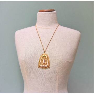 Vintage Signed J.J. Jonette Large Pendant Necklace Gold Filigree and White Enamel Big Chunky Statement Necklace 24" Chain