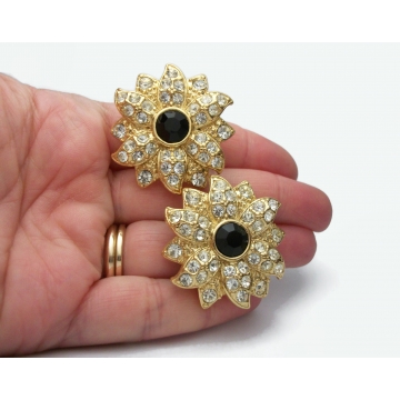 Vintage Pave Rhinestone Flower Clip on Earrings Gold 1 3/8" Diameter Big Sparkly Large Floral Formal Earrings Faux Black Onyx Crystals
