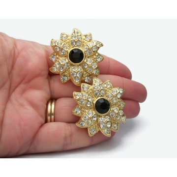 Vintage Big Pave Rhinestone Flower Clip on Earrings Gold Tone 1 3/8" Diameter Sparkly Large Floral Formal Earrings Faux Black Onyx Crystals