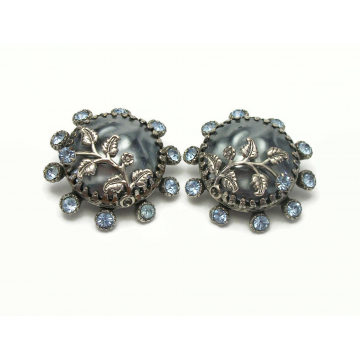 Huge Vintage 1950s Signed Selro Clip on Earrings 1 1/2 inch Diameter Blue Rhinestone Silver Tone Filigree Floral Mid Century Jewelry
