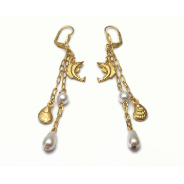 Vintage Sailfish and Oyster Shell Pearl Drop Earrings Long 3 1/2 inch Gold Nautical Beach Dangle Earrings for Pierced Ears