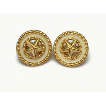 Vintage Monet White and Gold Star Motif Enamel Clip on Earrings Round Cream White Earrings Rope Twist Edging 1 inch Diameter