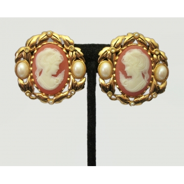 Vintage Kenneth Jay Lane KJL for Avon Cameo Clip on Earrings Big Large Gold Cameo Faux Pearls & Clear Rhinestones 1 1/2 inch diameter