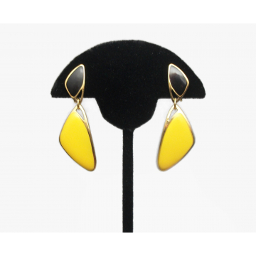 Yellow and Black Enamel Clip on Earrings Geometric Triangle Dangle Drop Earrings Vintage Jewelry Bumblebee Colors