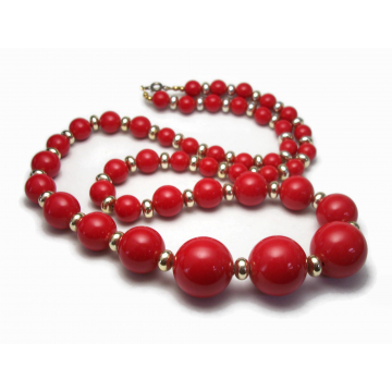 Vintage Chunky Red Beaded Necklace Long 30 inch Graduated Sized Beads with Gold Spacers